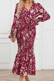 Printed Wrap V Neck Smocked Fishtail Hem Maxi Dress