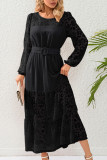 Lace Neckline Long Sleeves Maxi Dress With Sash