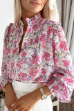 Purple Frilled Collar Shirred Yoke Floral Bubble Sleeve Shirt