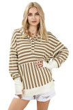 Khaki Striped Contrast Thumbhole Oversized Hoodie