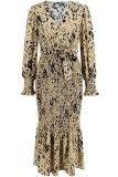 Printed Wrap V Neck Smocked Fishtail Hem Maxi Dress