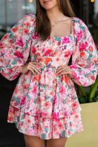 Pink Ruffle Tiered High Waist Puff Sleeve Floral Dress