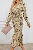 Printed Wrap V Neck Smocked Fishtail Hem Maxi Dress