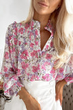Purple Frilled Collar Shirred Yoke Floral Bubble Sleeve Shirt