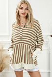 Khaki Striped Contrast Thumbhole Oversized Hoodie