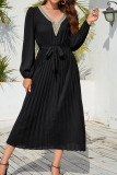 Plain V Neck Lace Pleated Maxi Dress