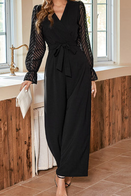 Black V Neck Jacquard Sheer Sleeves Jumpsuit