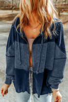 Blue Waffle Patchwork Vintage Washed Hooded Jacket