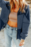 Blue Waffle Patchwork Vintage Washed Hooded Jacket
