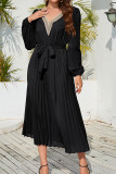 Plain V Neck Lace Pleated Maxi Dress