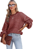 Red Heathered Knit Drop Shoulder Puff Sleeve Sweater