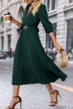 Dark Green Wrap V Neck Pleated Midi Dress With Sash