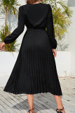 Plain V Neck Lace Pleated Maxi Dress