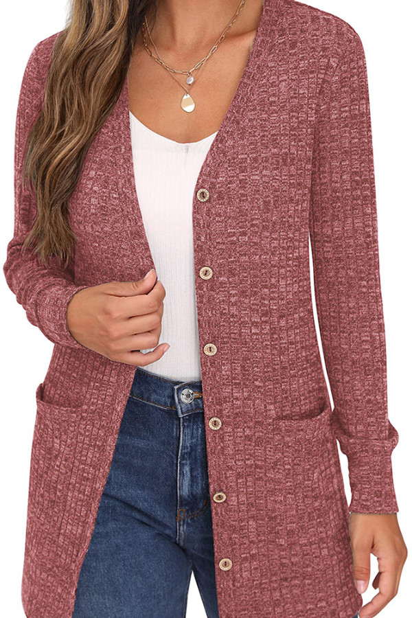 Plain Rib Button Up Pockets Knit Cardigan
