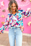 Multicolor Abstract Print Frill Tie V Neck Long Sleeve Blouse