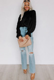 Black Striking Pleated Flared Cuff Long Sleeve Blouse