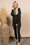 Black Solid Tunic Top and Slim Fit Pants Two Piece Set