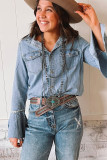 Sky Blue Chest Pockets Bell Sleeve Buttoned Denim Jacket