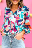 Multicolor Abstract Print Frill Tie V Neck Long Sleeve Blouse