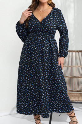 Plus Size Blue V Neck Flower Dress