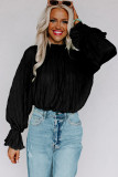 Black Striking Pleated Flared Cuff Long Sleeve Blouse