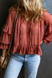 Red Swiss Dot Lace up V Neck Ruffled Blouse