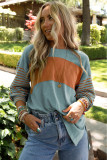 Green Colorblock Striped Bishop Sleeve Top