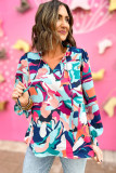 Multicolor Abstract Print Frill Tie V Neck Long Sleeve Blouse