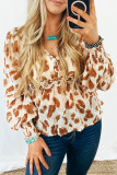 Leopard Jacquard Puff Sleeve Peplum Blouse