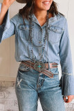 Sky Blue Chest Pockets Bell Sleeve Buttoned Denim Jacket