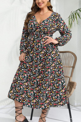 Plus Size FLower Print V Neck Dress