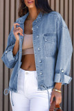 Sky Blue Roll-Up Tab Sleeve Button Down Pocket Denim Jacket