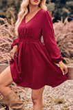 Puff Sleeves V Neck Elastic Waist Ruffle Hem Dress