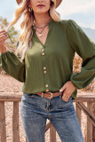 V Neck Button Puff Sleeves Top