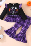 Halloween Print Plaid Girl Tops With Bell Pants 2pcs Set