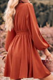 Puff Sleeves V Neck Elastic Waist Ruffle Hem Dress