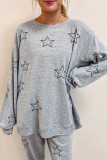Gray Stars Print Long Sleeve Drawstring High Waist Lounge Set