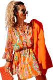 Orange Boho Geometric Print Buttoned V Neck Mini Dress