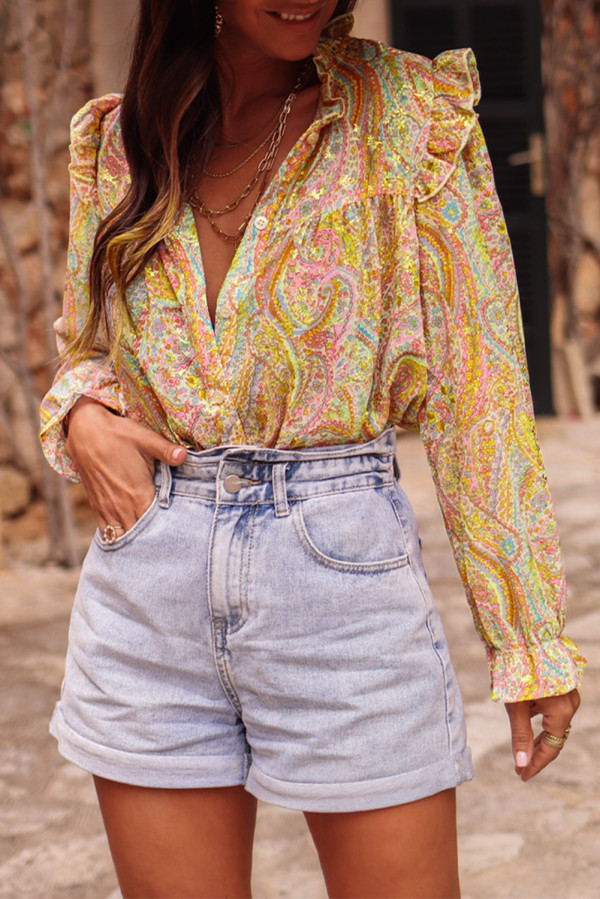 Yellow Paisley Print Ruffled Trim Buttoned Long Sleeve Shirt