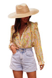 Yellow Paisley Print Ruffled Trim Buttoned Long Sleeve Shirt