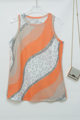 Orange Color Block Splicing Leopard Tank Top