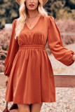 Puff Sleeves V Neck Elastic Waist Ruffle Hem Dress