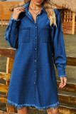 Plain Raw Trim Button Up Denim Dress