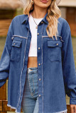 Plain Washed Denim Raw Trim Button Up Jacket