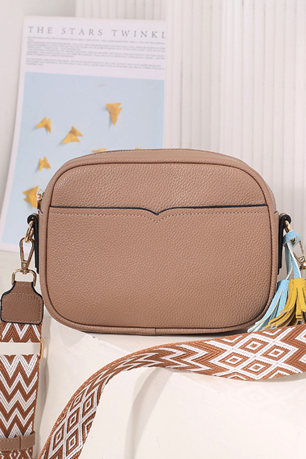 Aztec Strap Plain Zipper Leather Crossbody Bag