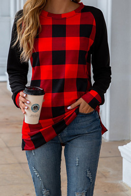 Plaid Crew Neck Reglan Long Sleeves Top