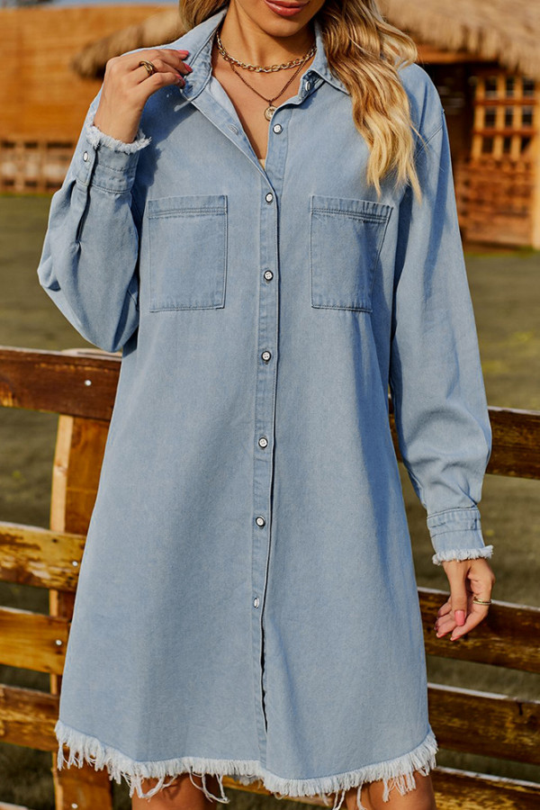 Plain Raw Trim Button Up Denim Dress