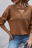 Brown Button V Neck Waffle Top