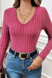 Pink V Neck Ribbed Knitting Top