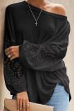 Plain Waffle Knit Embroidery Lace Sleeves Top